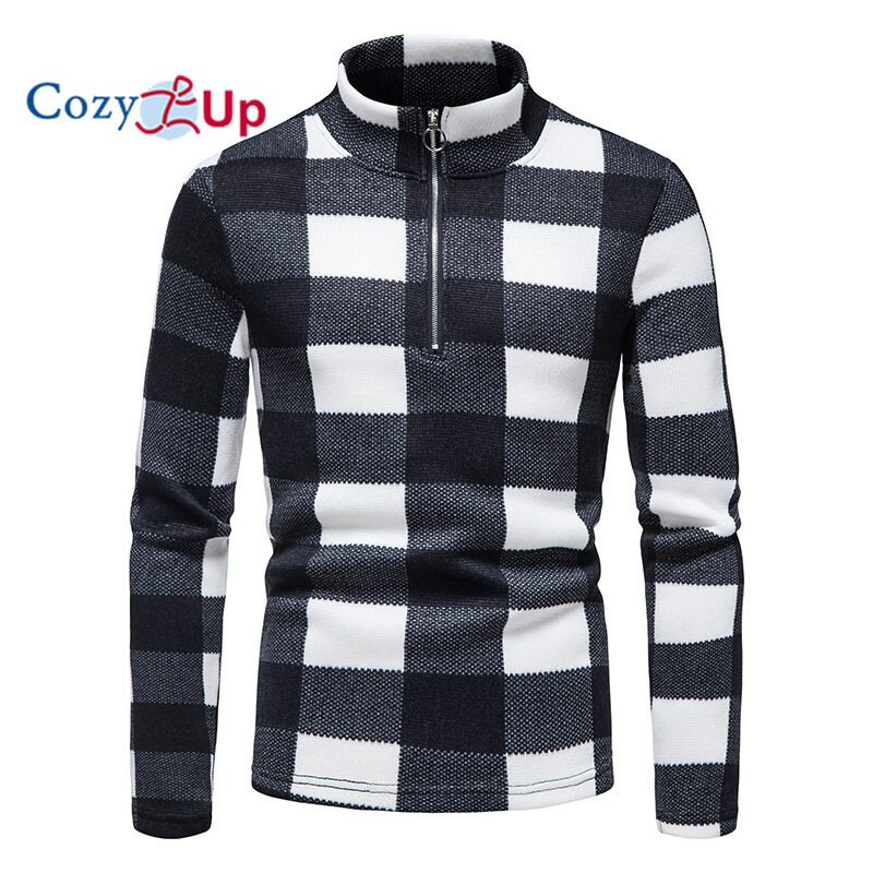 Cozy Up Men Sweater Fashion Zipper Decoration Plaid Batik Casual Stand Collar Pullover
