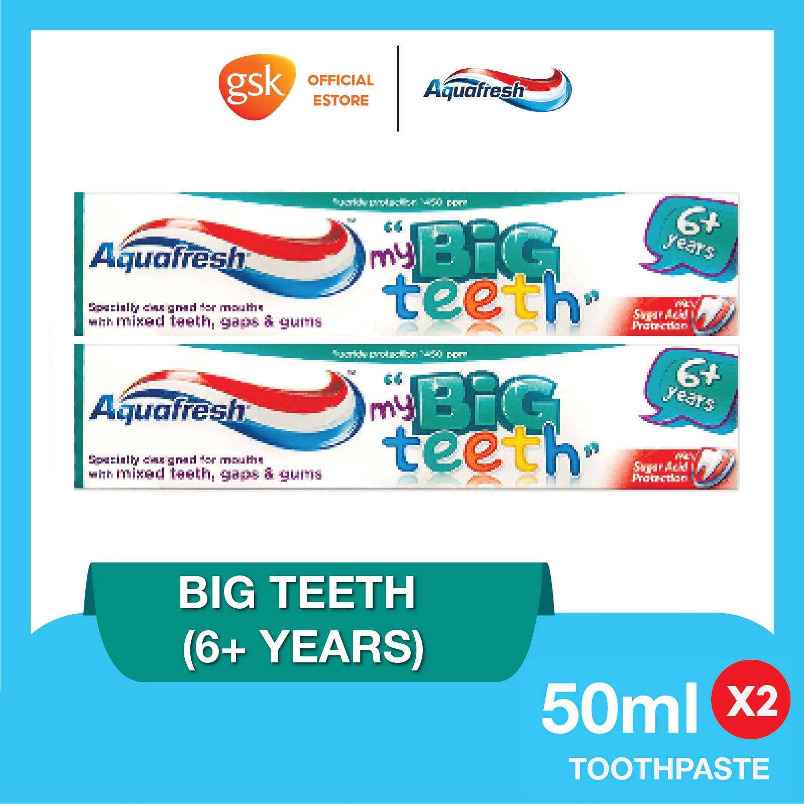 AQUAFRESH My Big Teeth Toothpaste (6+years), Cavity Protection, Fights Decay, Strong and Healthy Teeth for Children, 50ml, 2 Packs