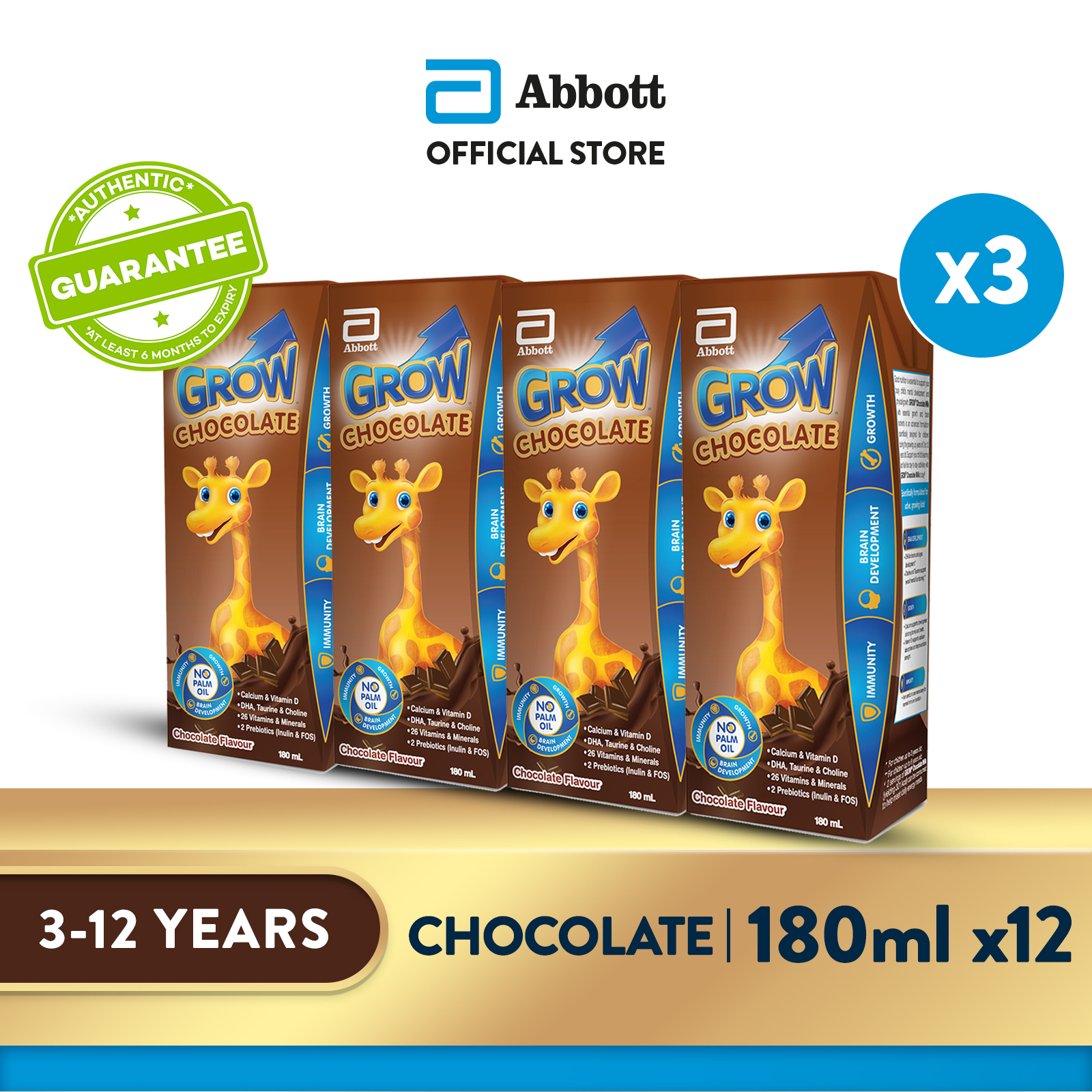 [Bundle of 3] GROW Growing Up Milk for Kids - Ready-To-Drink Chocolate (3 - 12 years) - 4x180ml