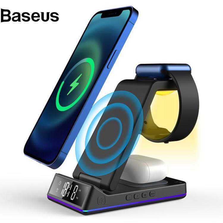 Baseus Z6 Foldable 5-in-1 15W Magnetic Wireless Charger with Flashy Atmosphere Light/Digital Clock Multi-Function Wireless Charging Stand?24hrs ship out?