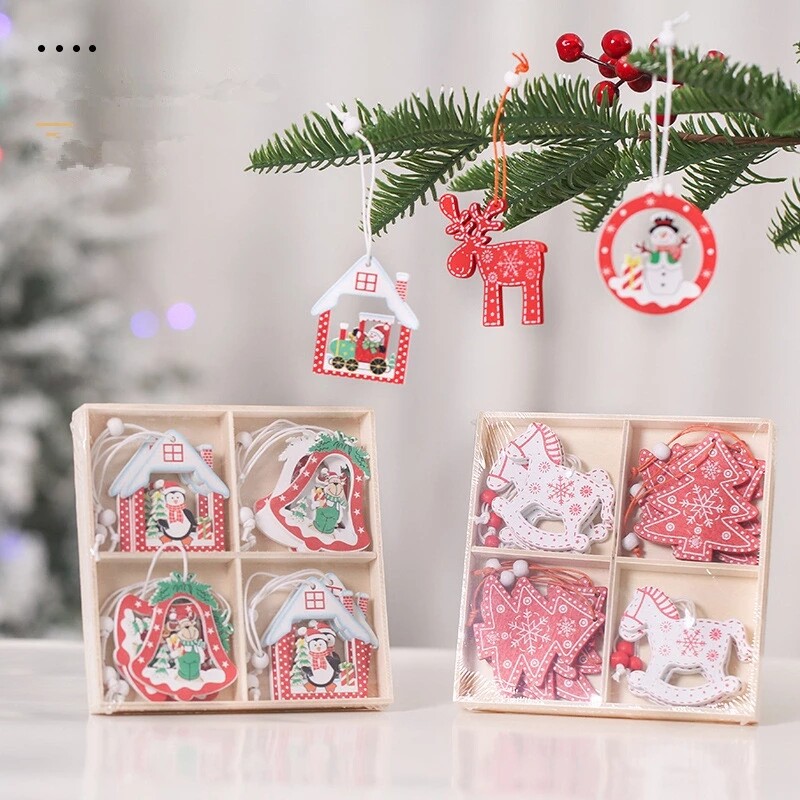 12pcs/lot Christmas Tree Ornament Wooden Snowflake Hanging Pendants Xmas Decoration For Home New Year Kids Gifts Party Favors