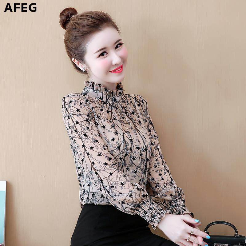 AFEG new Korean women's fashion casual long-sleeved floral chiffon wild temperament elegant blouses