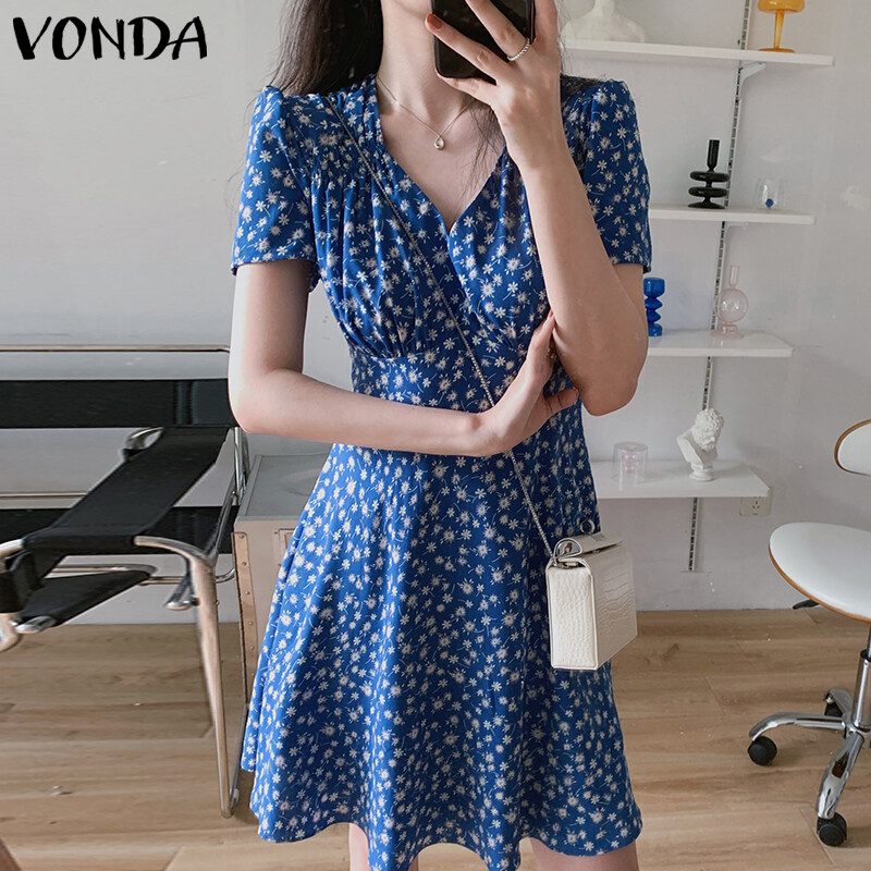 VONDA Womens Summer Puff Sleeve Mini Dress Printed Floral A-Line Dress Sundress (Korean Style)